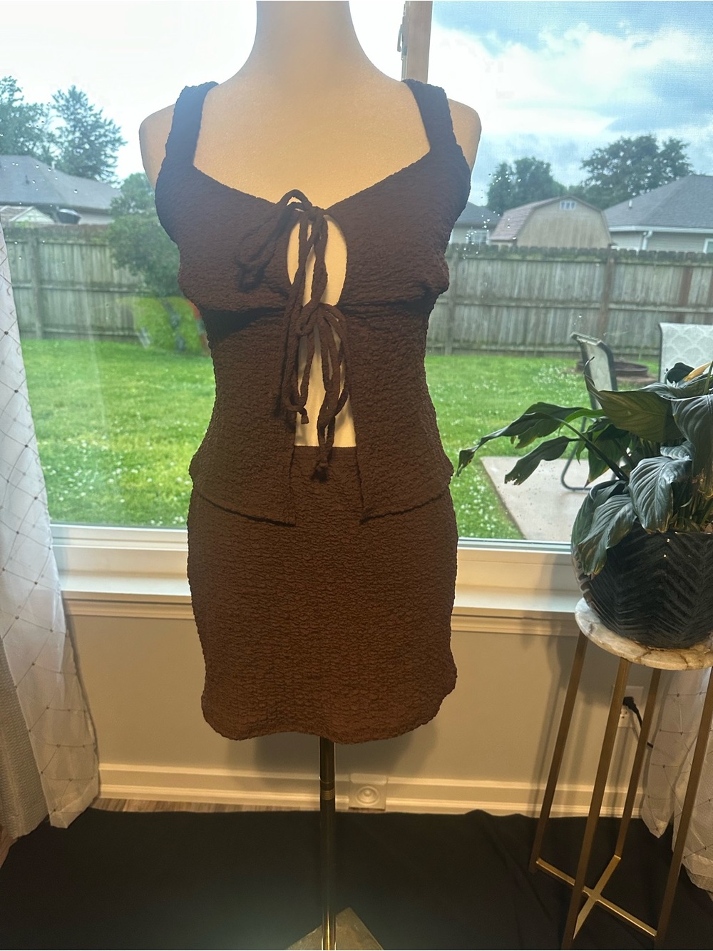 See You Monday Brown Textured Tie-Front Mini Dress